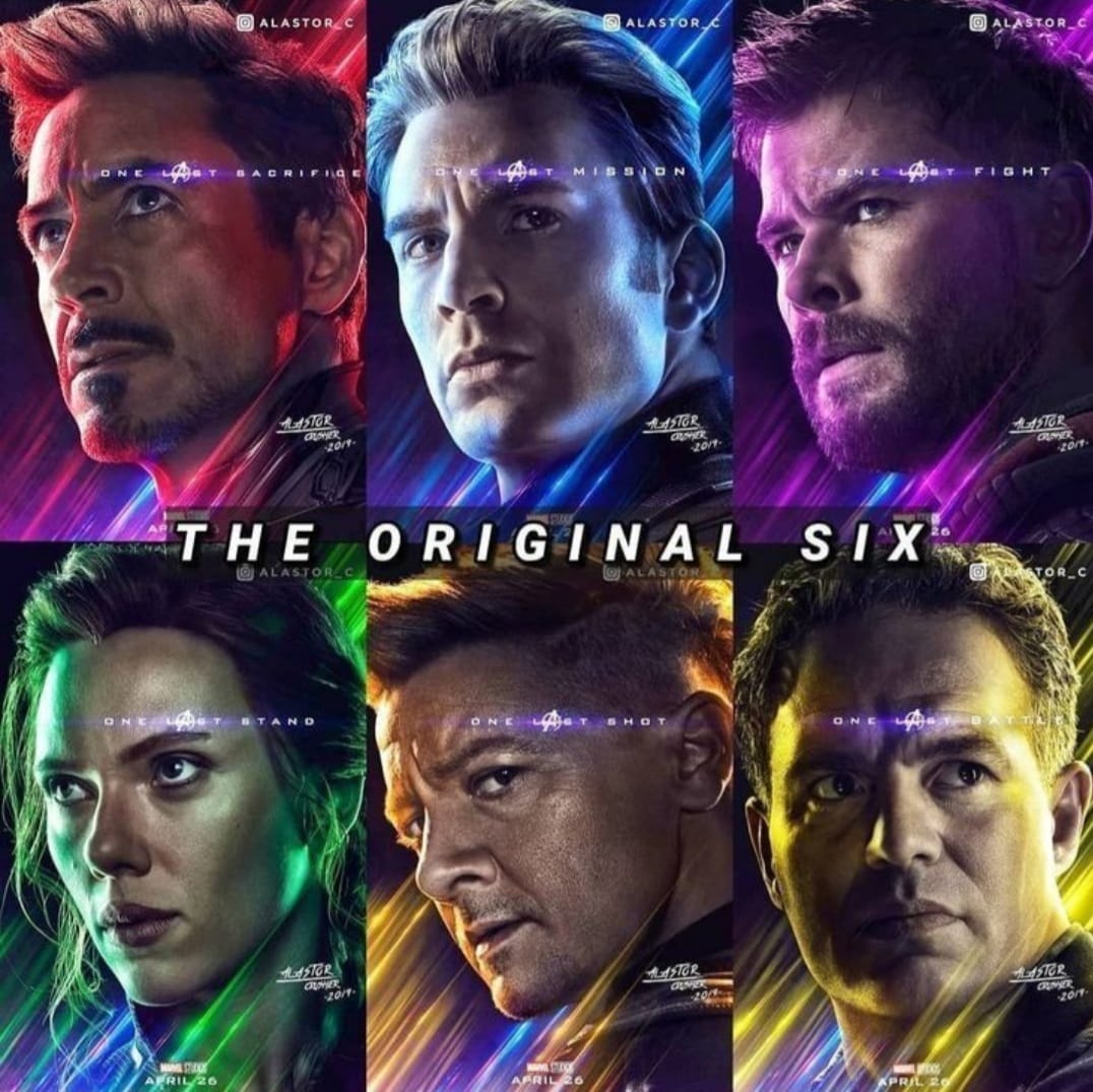 Collage of six close-up superhero portraits with colorful red, blue, green, and yellow lighting