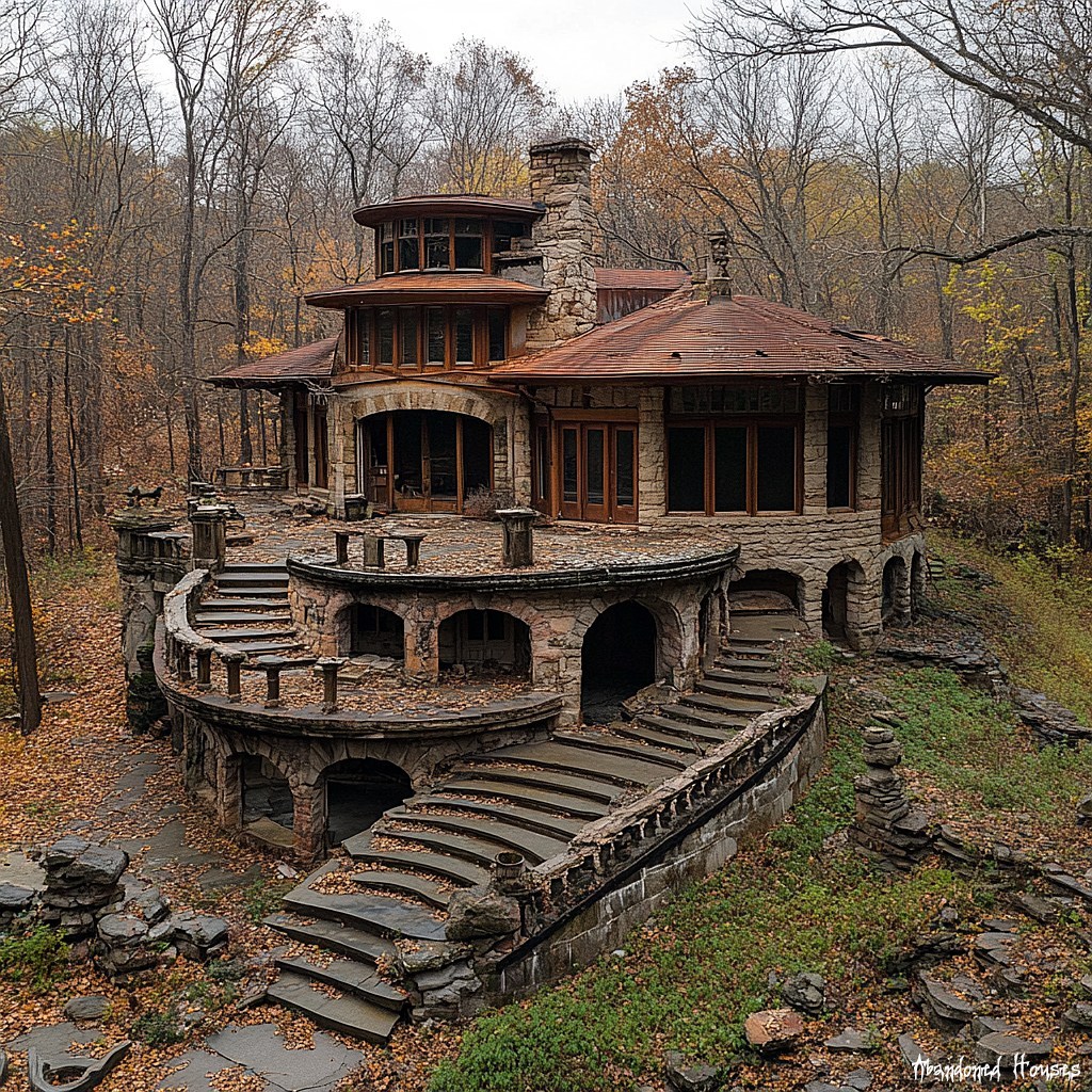 Abandoned pagoda-style house with curved stairs in forest