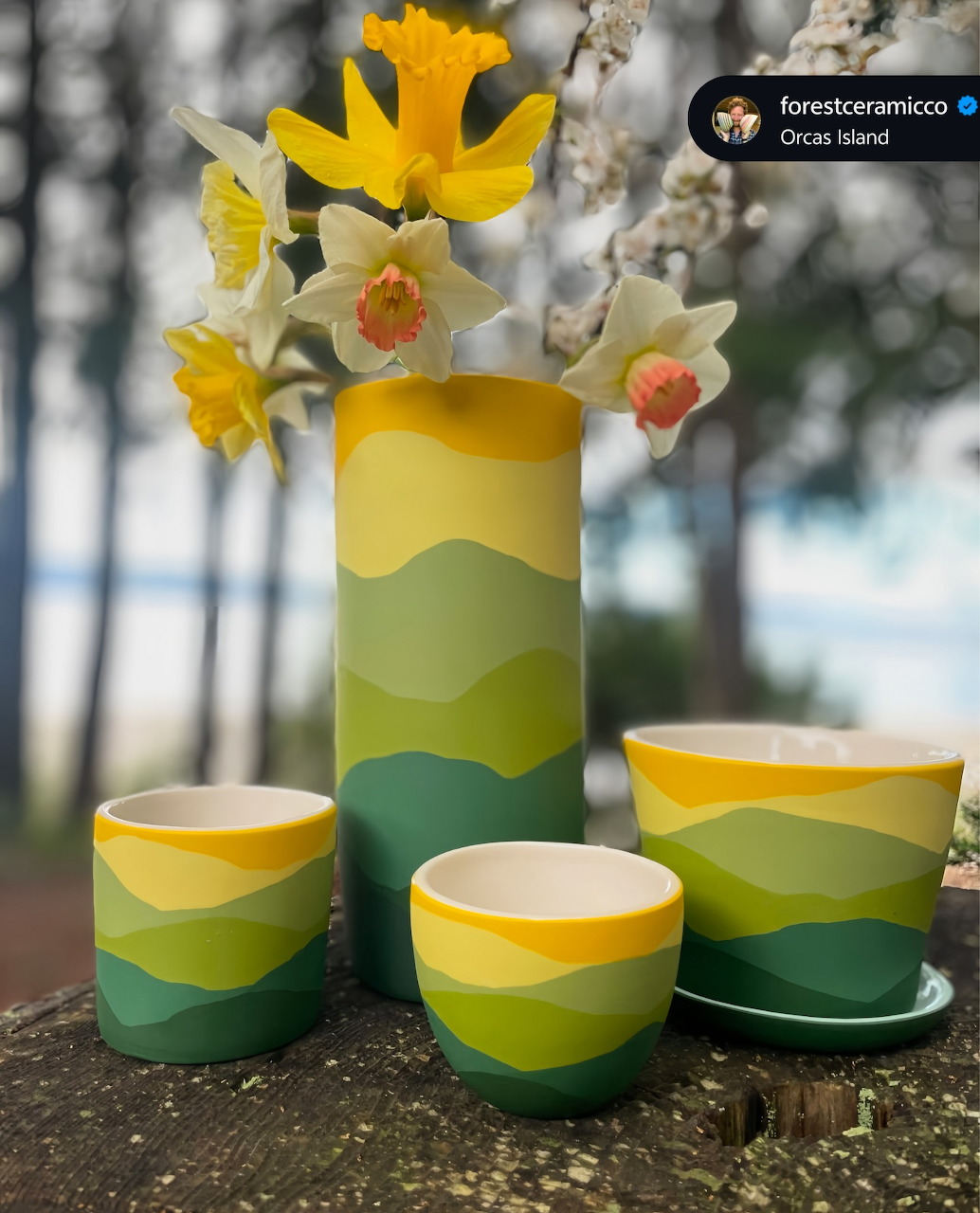 Colorful green and yellow ceramic vases and cups with wave patterns and daffodils on a wooden table outdoors