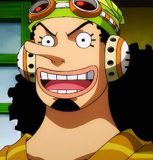 Usopp from One Piece anime with shocked wide-eyed expression wearing yellow bandana and goggles