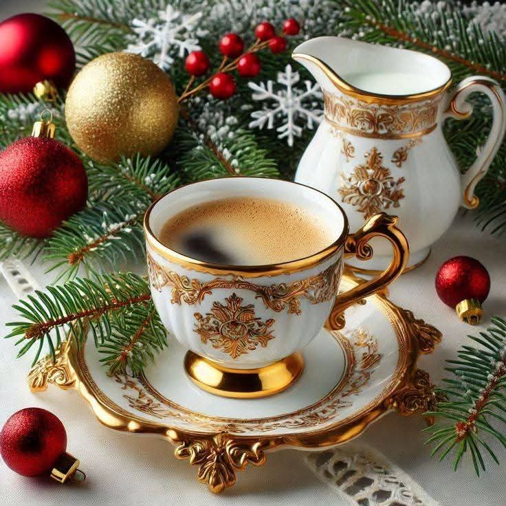 Gold-trimmed white coffee cup and creamer with Christmas ornaments, pine branches, and snowflakes on decorative tray