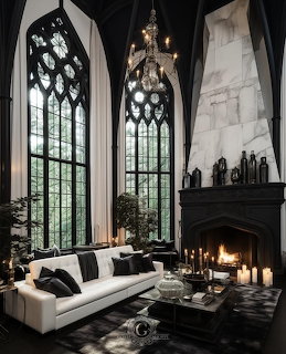 Dark gothic-style living room with tall arched windows, white sofa, and lit fireplace