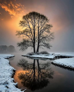 Silhouetted bare tree on snow-covered island perfectly reflected in calm water with orange sunset sky