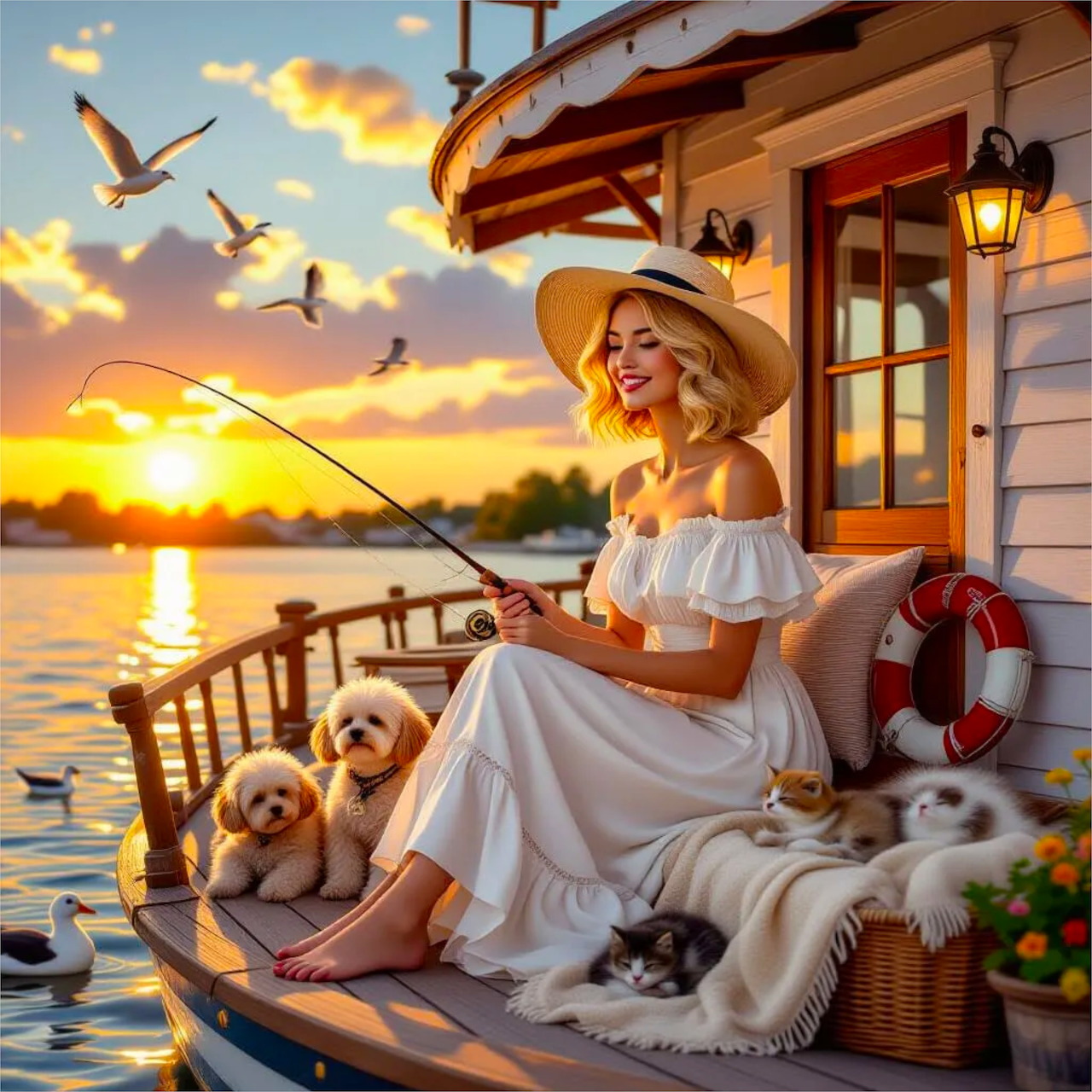 Woman Fishing at Sunset