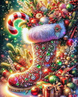 Decorative Christmas boot adorned with jewels, filled with ornaments, candy canes, and gifts against glowing holiday lights