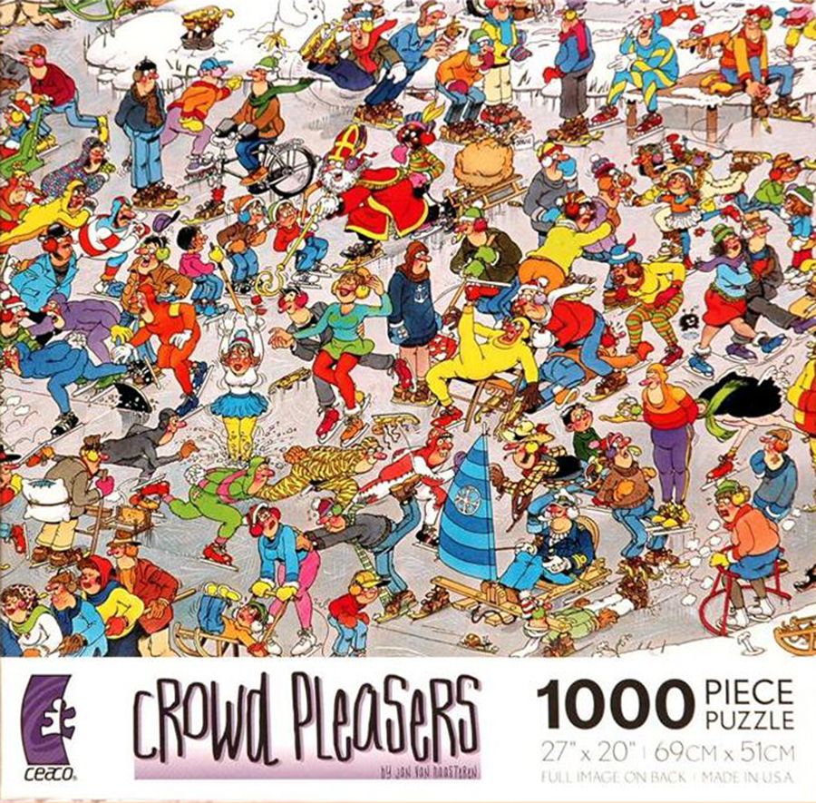 Busy cartoon crowd scene with many colorful characters and humorous action on a white background