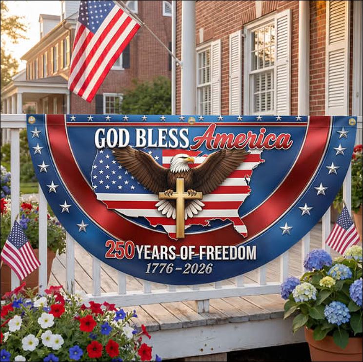 Patriotic bunting yard sign with eagle and God Bless America text on front porch with American flags and flowers