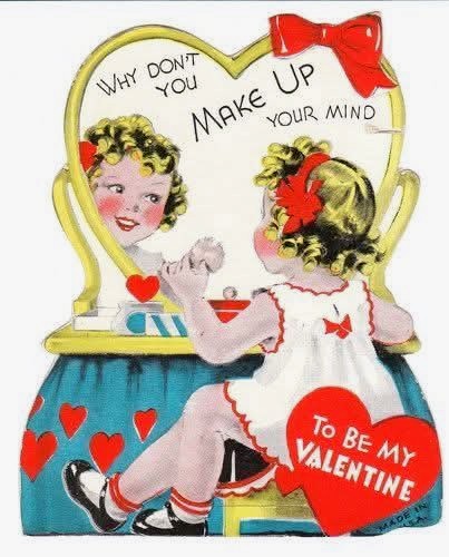 Vintage Valentine card showing boy and girl at desk with hearts and 'To My Valentine' message