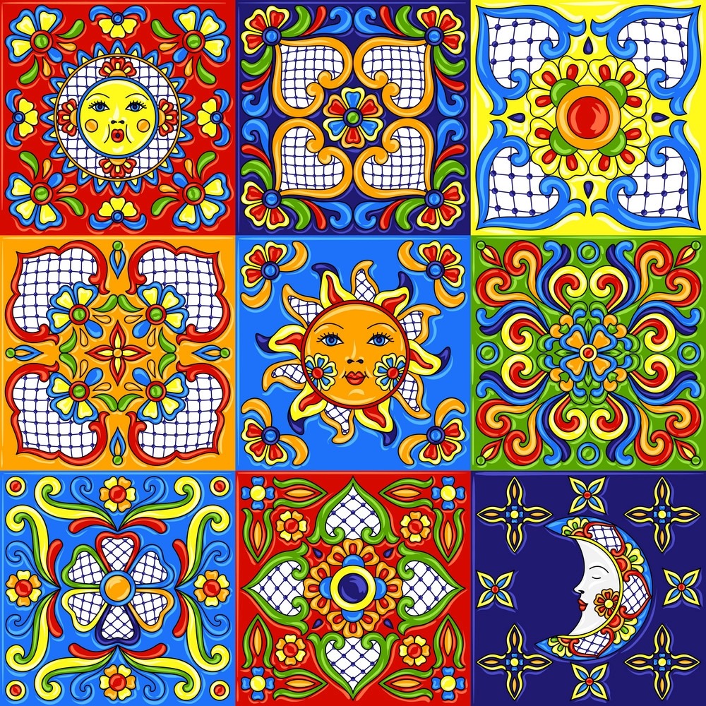 Nine colorful decorative ceramic tiles in a grid with Mediterranean folk art patterns including suns and florals
