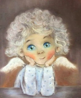 Painting of a curly-haired cherub with blue eyes, rosy cheeks, and small wings