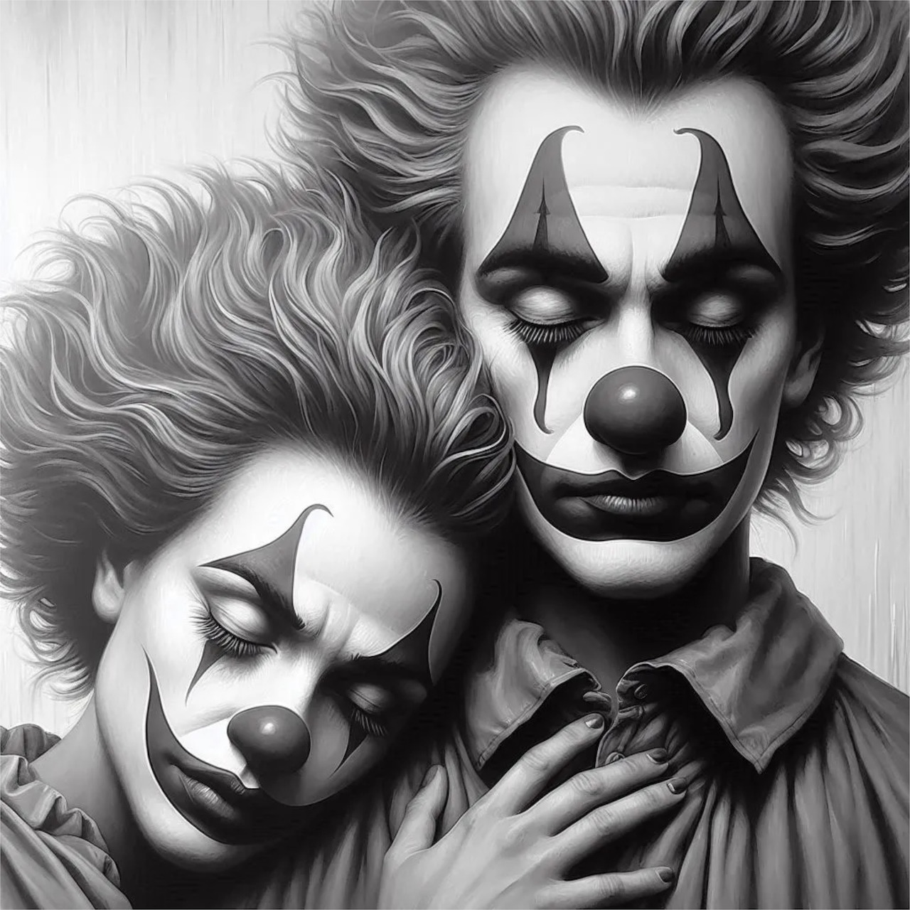 Black-and-white portrait of two sad clowns with dramatic face paint and somber expressions