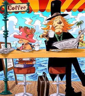 Anime character in top hat reading newspaper at seaside café table