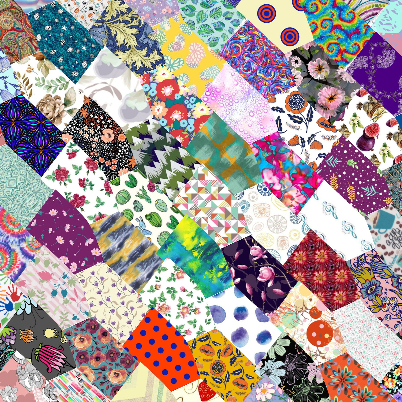Colorful patchwork quilt with varied fabric patterns including florals, dots, stripes and geometric designs