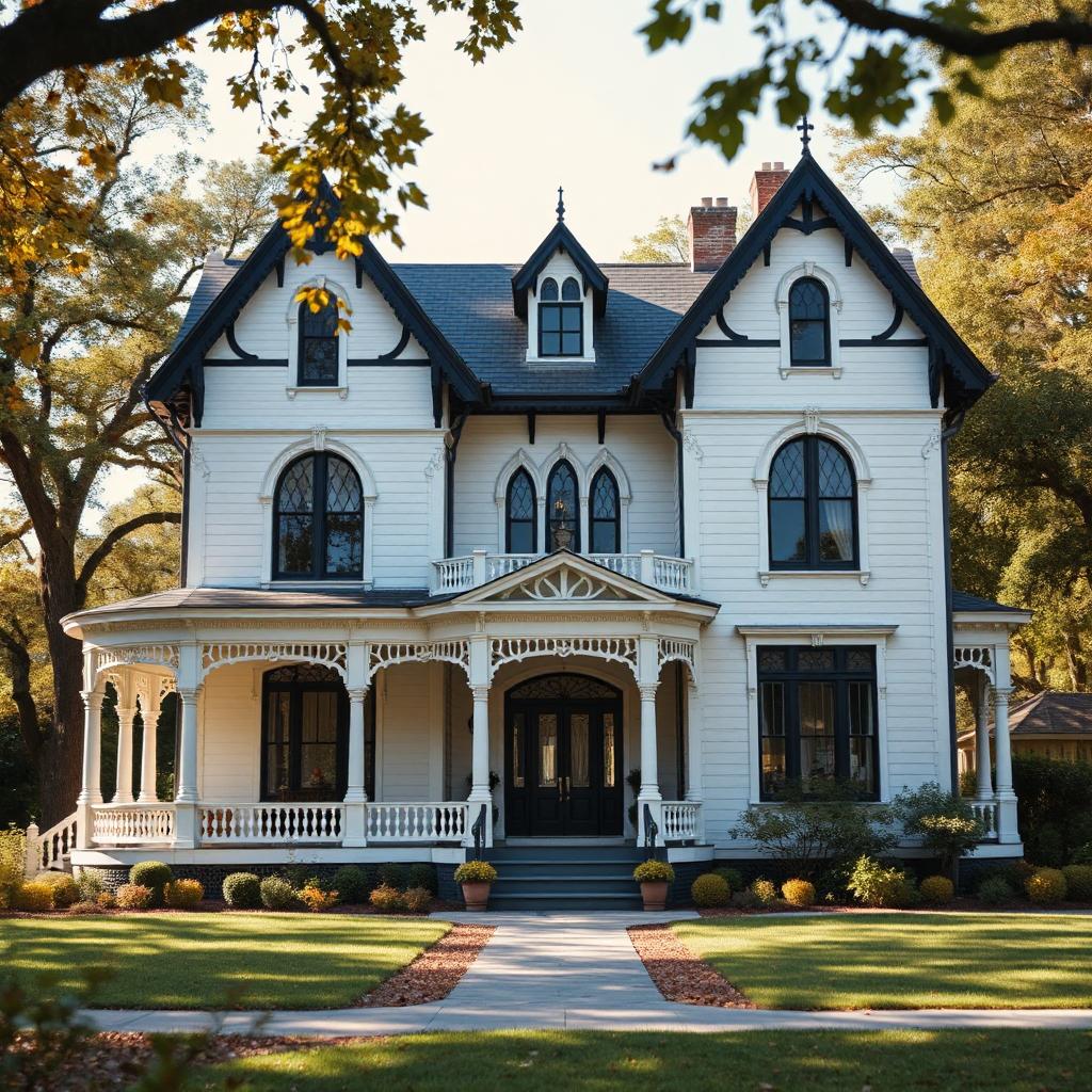 White Victorian mansion with Gothic arched windows, steep gables, and wraparound porch surrounded by autumn trees