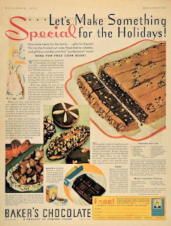 Vintage Baker's Chocolate magazine advertisement showing holiday desserts and chocolate treats