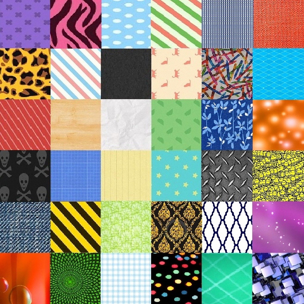 Grid of 36 colorful squares with diverse patterns including leopard print, stripes, dots, and geometric designs