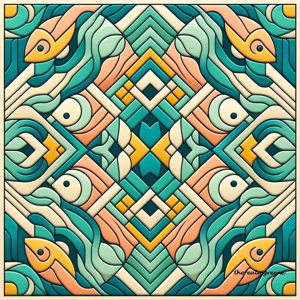 Colorful geometric mandala with symmetrical fish patterns in teal, orange and cream tones