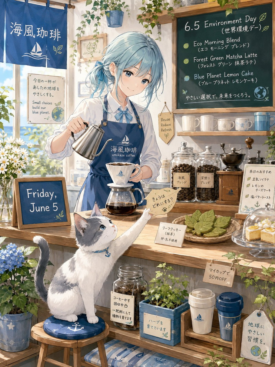 Anime girl with blue hair brewing coffee at a café counter, a cat reaching up beside her, surrounded by plants and jars