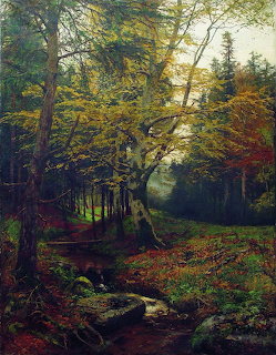 Oil painting of an autumn forest with golden leaves, a small stream, and dappled sunlight