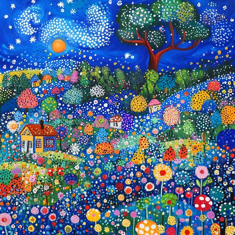 Colorful pointillist painting of garden landscape with dotted flowers, trees, houses and stars on blue sky