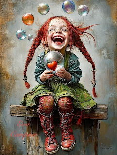 Laughing red-haired girl with braids on a bench holding a glass orb with a red heart