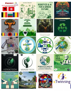 Grid collage of green technology and environmental posters, logos, and illustrations