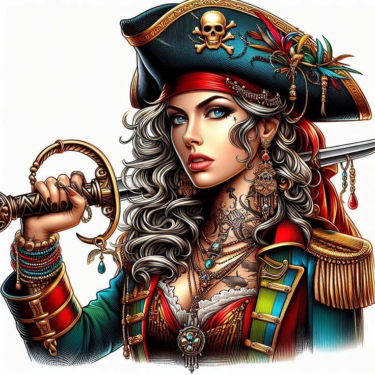 Illustration of a female pirate in a tricorn hat holding a sword, with jewelry, tattoos, and a red-and-blue outfit