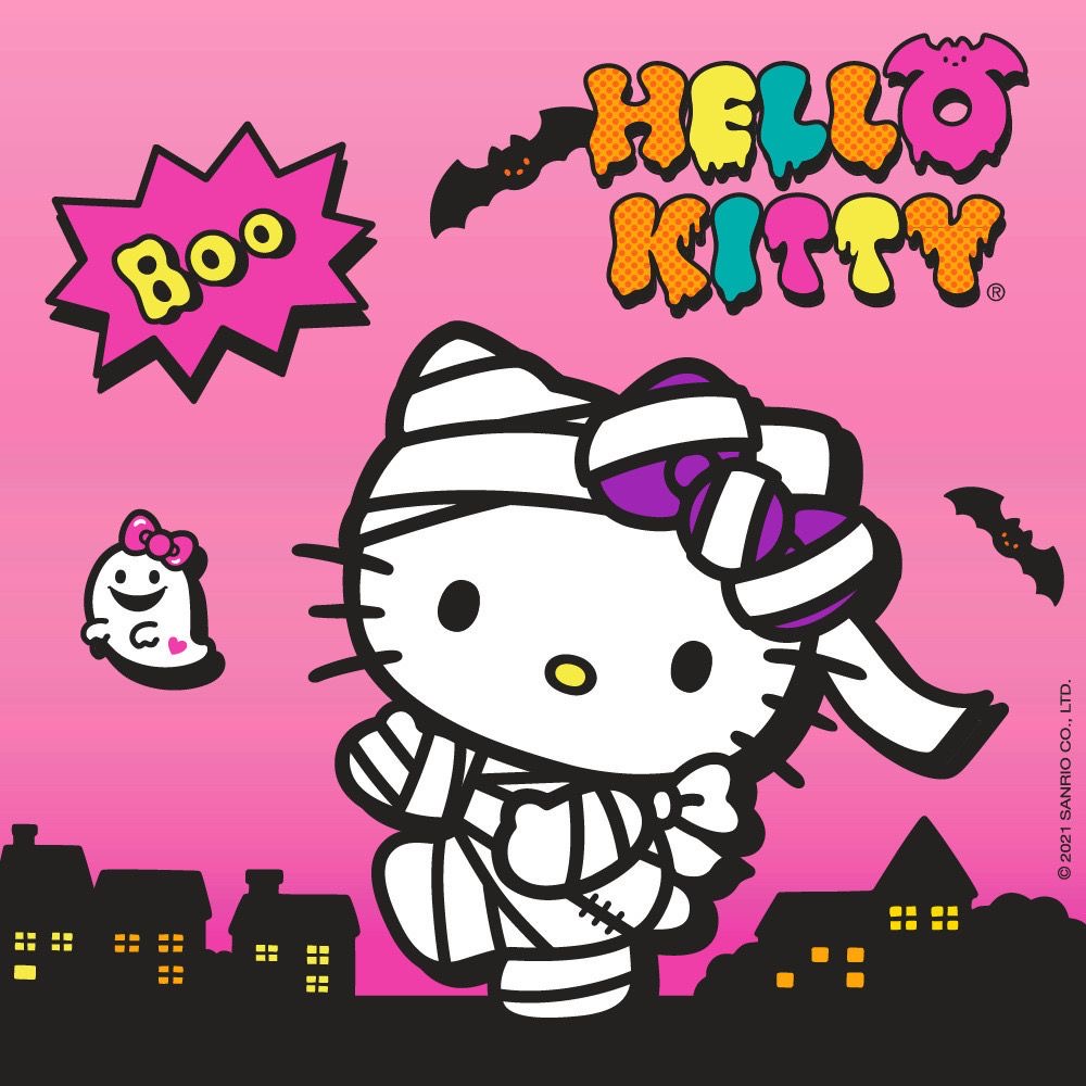 Hello Kitty in mummy costume with purple bow, bats and haunted houses on pink background