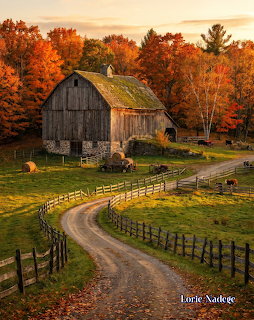 Old wooden barn surrounded by colorful autumn trees with a dirt road and wooden fences in golden light