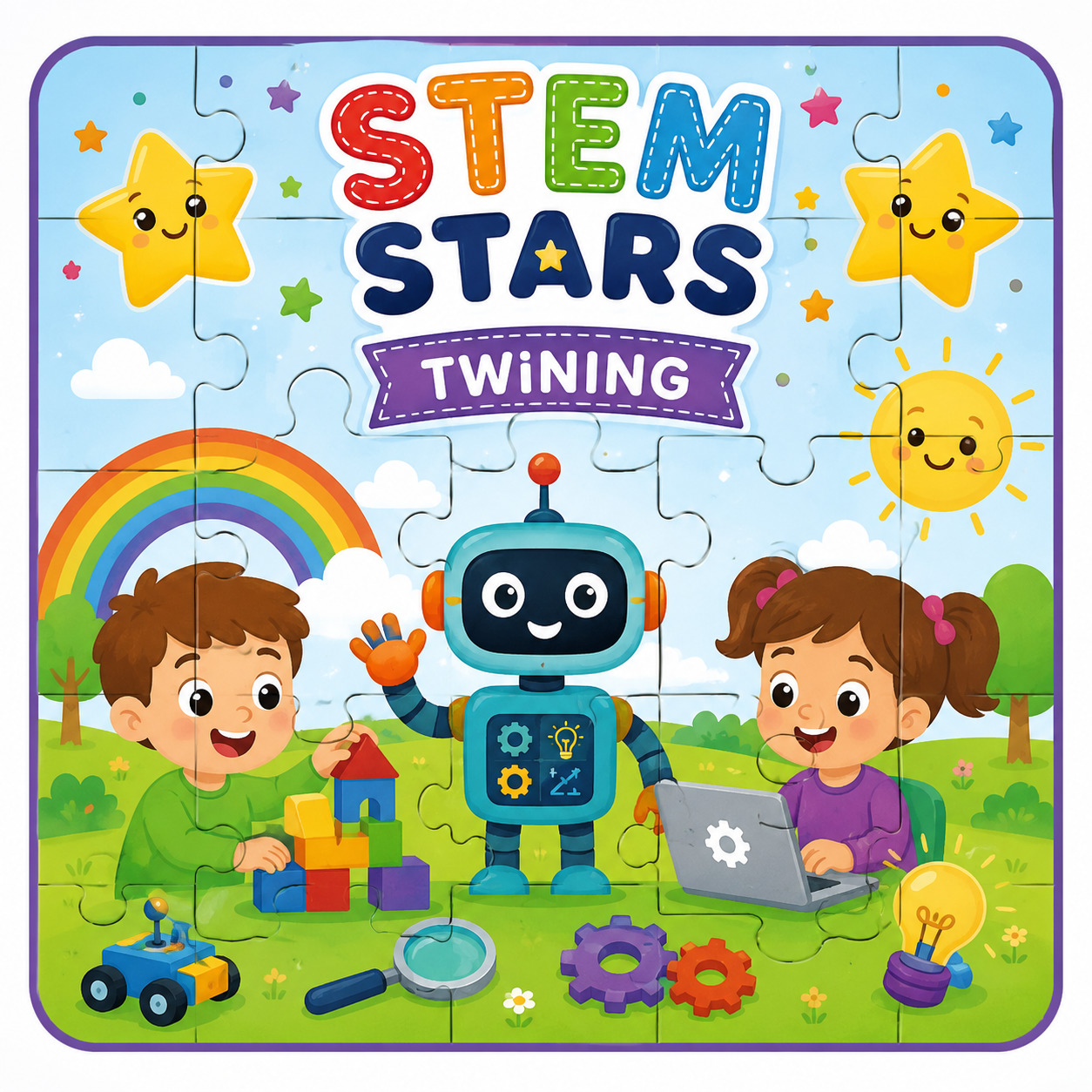 Two cartoon children playing with robot and STEM toys under rainbow and smiling stars