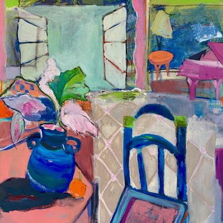 Abstract expressionist painting of colorful interior with pink piano, blue furniture, and patterned floor