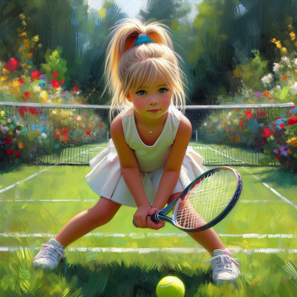 Blonde girl in white tennis dress crouching with racket on sunny grass court with flowers