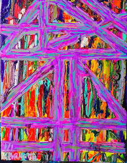 Abstract art with pink geometric grid overlaying colorful vertical paint streaks and drips