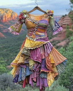 Colorful bohemian patchwork dress with floral sleeves against red rock desert background