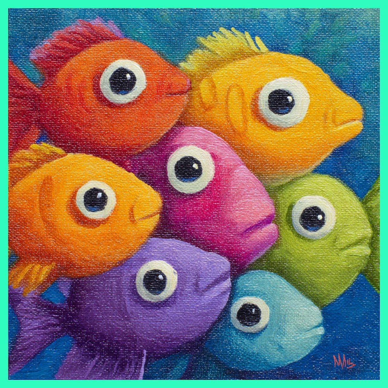 Colorful painted fish with large eyes in rainbow hues on blue textured background