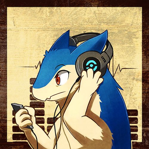 Blue Pokémon Quilava character wearing headphones in digital art style with beige textured background