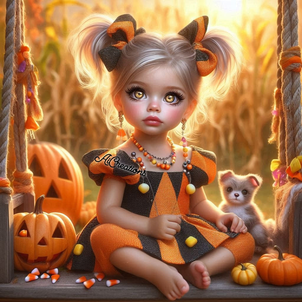 Stylized little girl in a Halloween dress sitting with a gray kitten among pumpkins