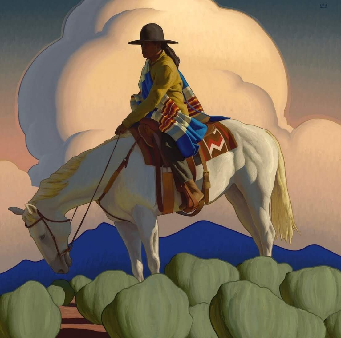 Native American rider on white horse with colorful blanket, stylized clouds and mountains behind