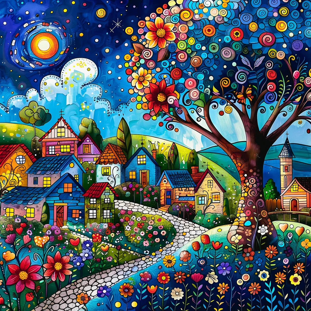 Whimsical folk art village with colorful houses, flowers, and starry night sky with moon and decorative tree