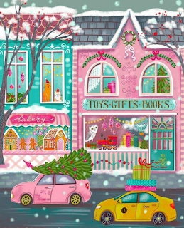 Colorful Christmas street illustration with snowy shops, festive windows, and two cars carrying gifts and a tree