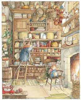Illustrated mice in a cozy pantry with shelves of jars and preserves, one a ladder, one by a fireplace