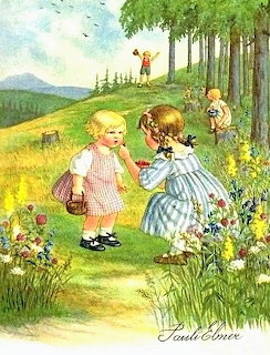 Vintage illustration of children on a flower-lined path in a sunny woodland meadow