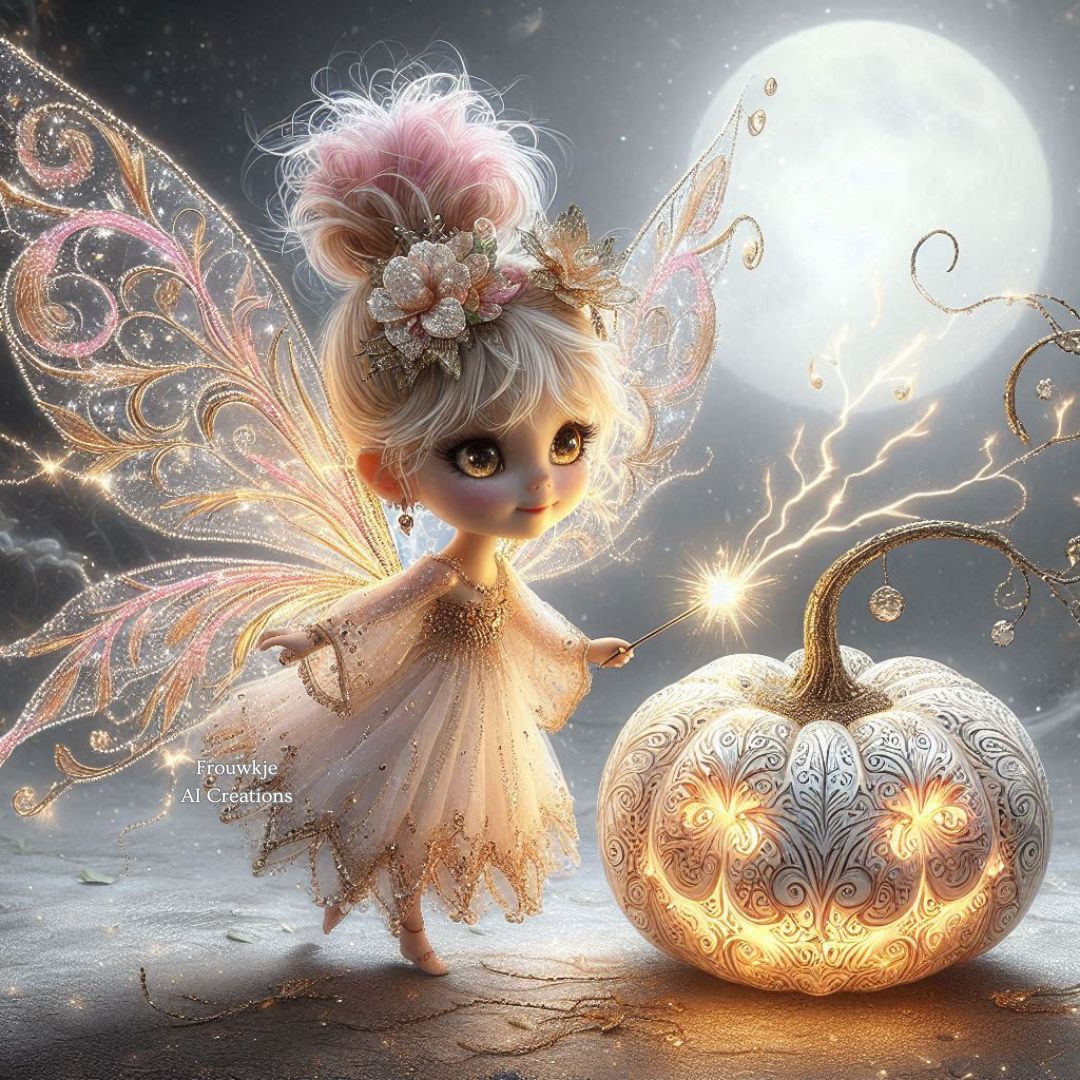 Cute fairy with decorative wings and autumn flowers next to glowing jack-o-lantern under full moon