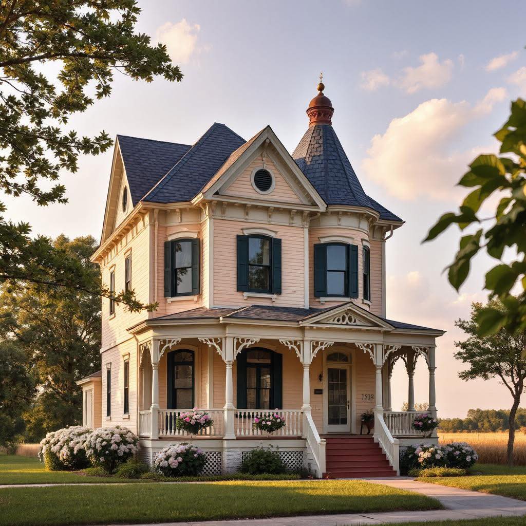 Ornate Victorian house with turret and wraparound porch at sunset