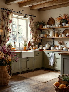 Cozy cottage kitchen with green cabinets, farmhouse sink, open shelves, floral curtains, and flowers