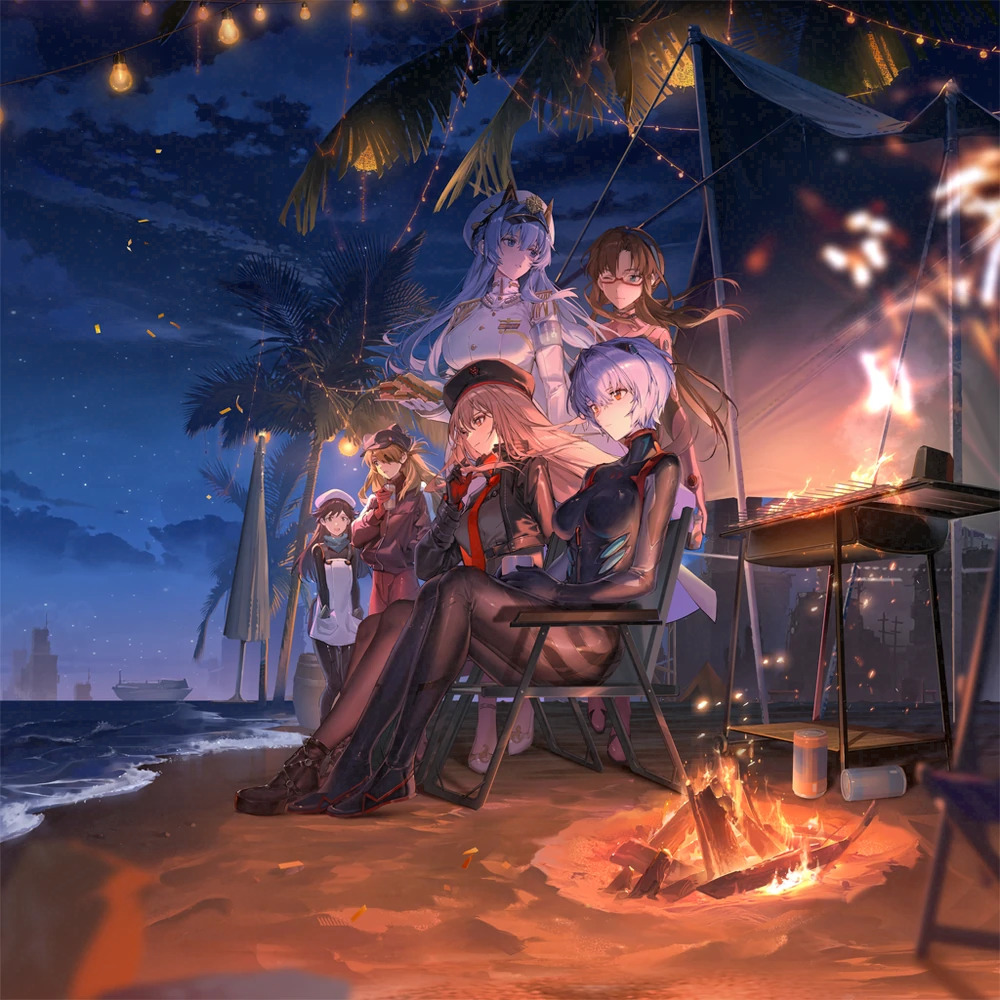Anime characters sitting around campfire on beach at night with palm trees and lanterns