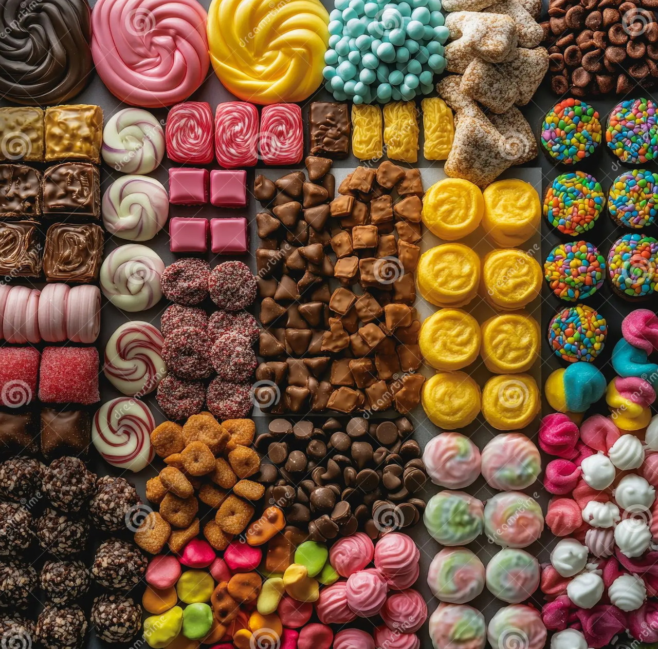 Organized grid of colorful candies, chocolates, lollipops, and sweets arranged in neat rows