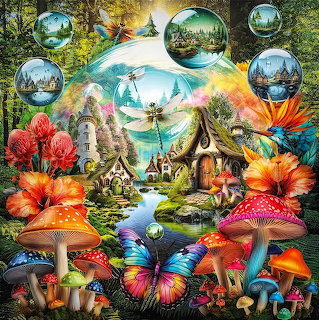 Fantasy cottage in magical forest with oversized flowers, mushrooms, butterflies and floating crystal spheres