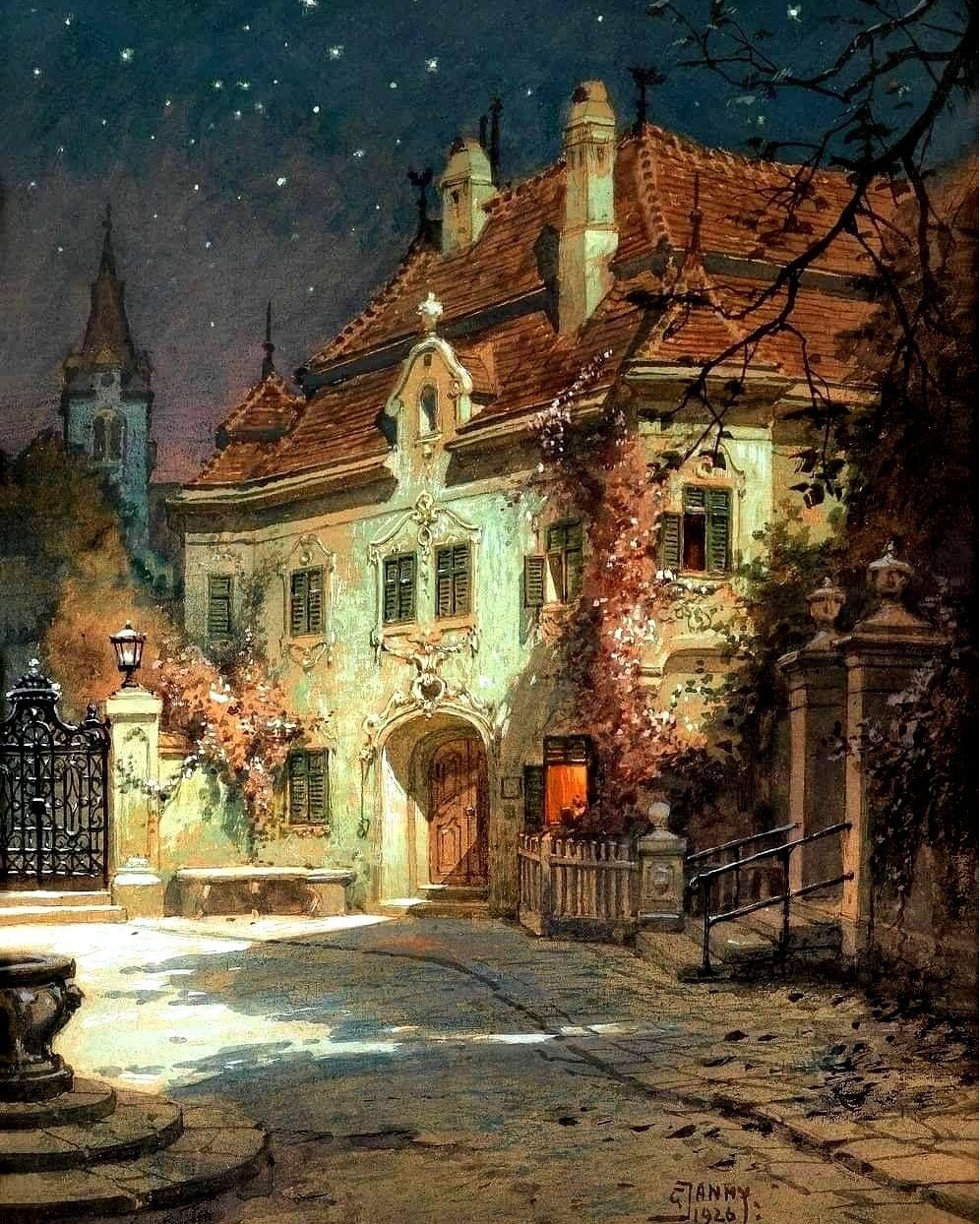 Painting of an ivy-covered European building at night with glowing lantern and starry sky by Georg Janny