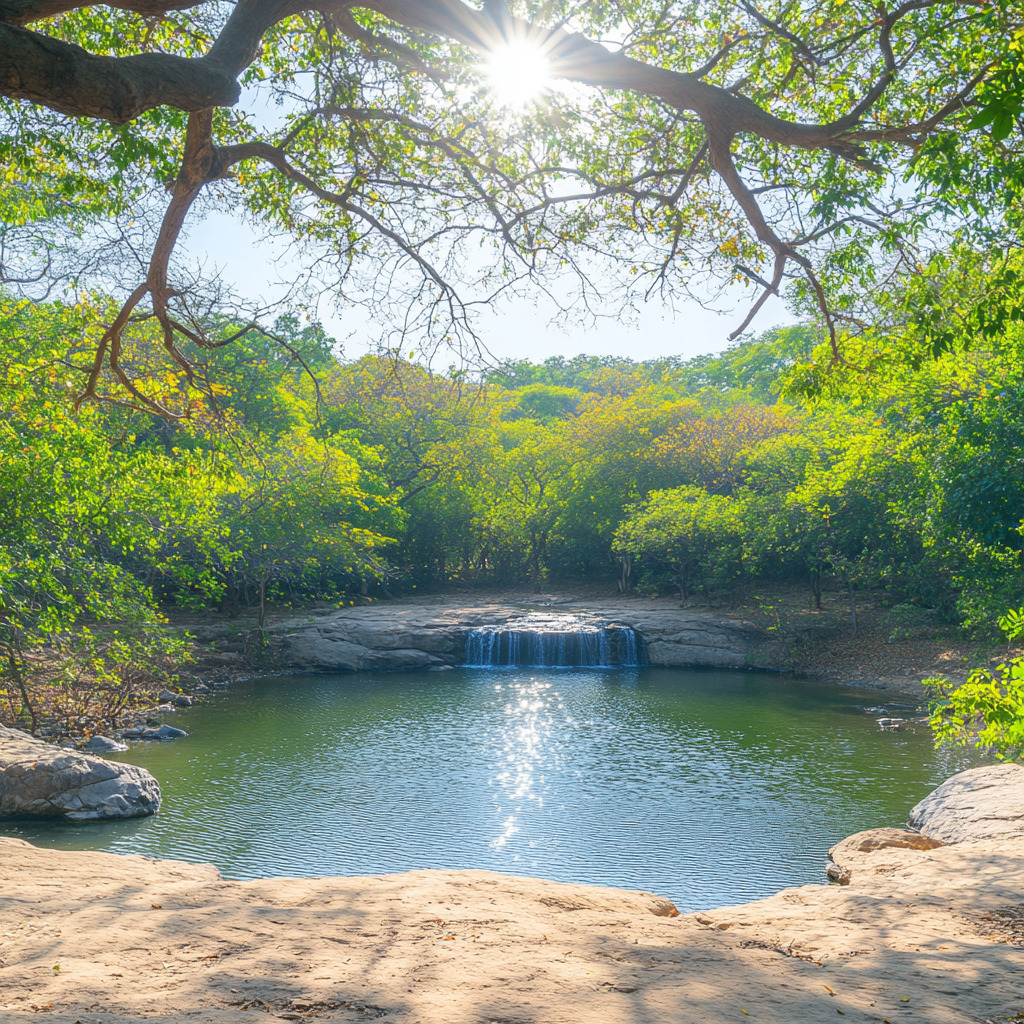 Serene forest pool with green trees, rocks, and bright sunlight reflecting on still water